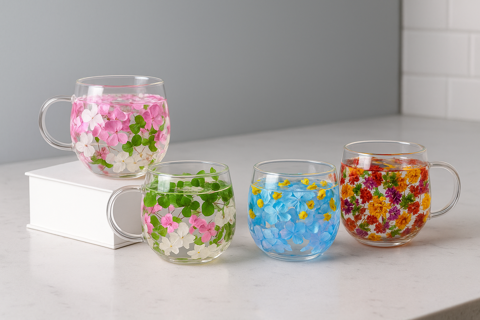 Realistische Blumen-Glastassen mit gräulichem Hintergrund